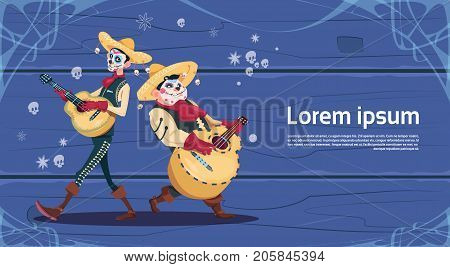 Day Of Dead Traditional Mexican Halloween Holiday Party Decoration Banner Invitation Skeleton Play Guitar Flat Vector Illustration