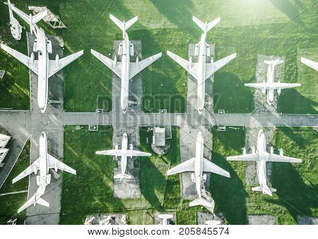 white planes on openair museum field, top view
