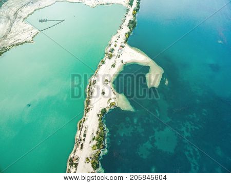 Aerial view - narrow strip of sandy shore and green and blue water