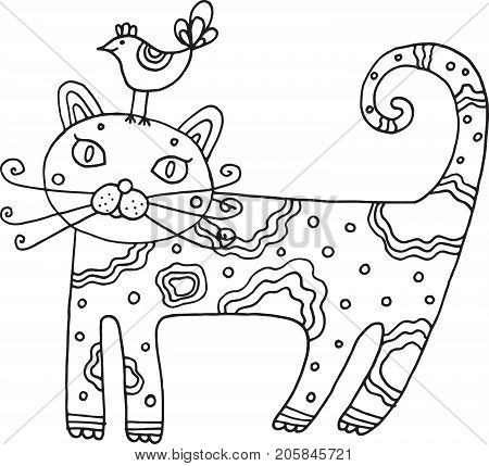 Kid's drawn cat with bird. Isolated vector line art for children's coloring book. Illustration for coloring page.