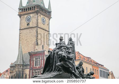 Monument to Jan Hus in the Old Town Square in Prague in the Czech Republic.