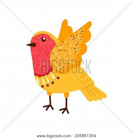 Cartoon robin redbreast Bird. Cute Christmas character. Decorated with ornaments and textures in vintage style. Clipart For decorating children s cards, prints, tags for gifts for the new year.