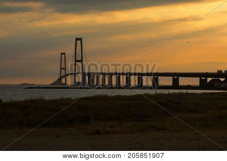 StorebÃÂ¦ltsbroen bridge during sunset. It's a wonderful sight