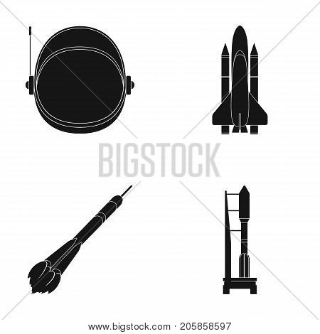 A spaceship in space, a cargo shuttle, A launch pad, an astronaut's helmet. Space technology set collection icons in black style vector symbol stock illustration .