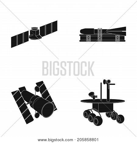 The space station in orbit, the preparation of the launch rocket, the lunar rover on the surface. Space technology set collection icons in black style vector symbol stock illustration .