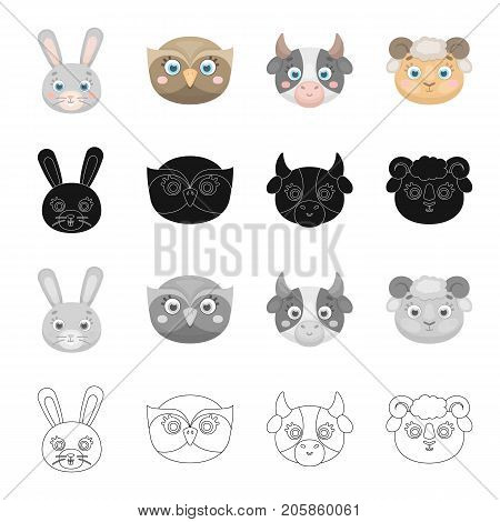 Different kinds of animals, muzzle of a hare, an owl, a cow and a sheep. Muzzle of an animal set collection icons in cartoon black monochrome outline style vector symbol stock illustration .