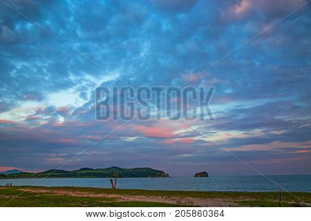 a beach on the sea, sand and waves, seagulls fly over the water. Sunset