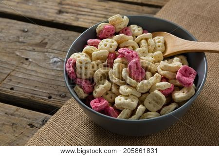 Close-up of honeycomb cereal in bowl