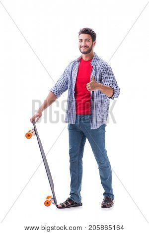 Young skateboarder with a longboard skateboard isolated on white