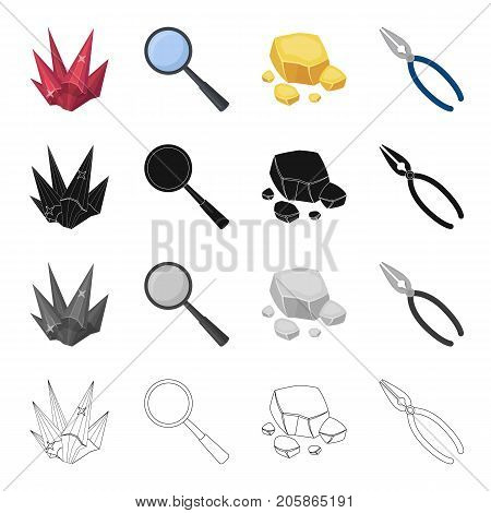 Ruby is a precious mineral, a magnifying glass, a piece of rock, jewelry pincers. Precious mineral set collection icons in cartoon black monochrome outline style vector symbol stock illustration .