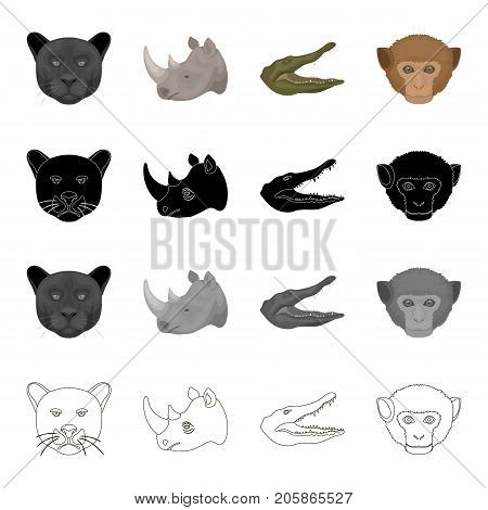 Wild animal panther, rhinoceros, crocodile, monkey. Realistic animal set collection icons in cartoon black monochrome outline style vector symbol stock illustration .