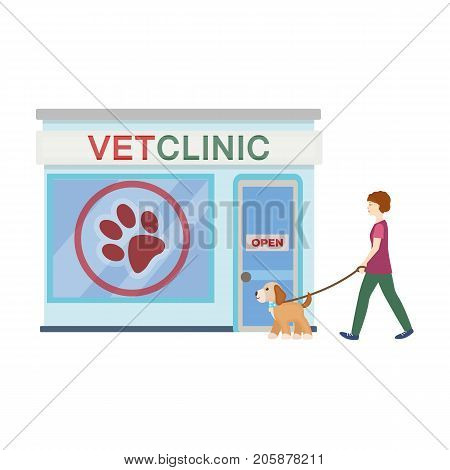 Visiting the vet clinic, the pet, dog on a leash with the hostess. Pet, dog care single icon in cartoon style vector symbol stock illustration .