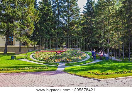 Novosibirsk Siberia Russia - September 17 2017: Flower clock at the Chamber hall of the Philharmonie the Home of Lenin Krasny Prospekt 32