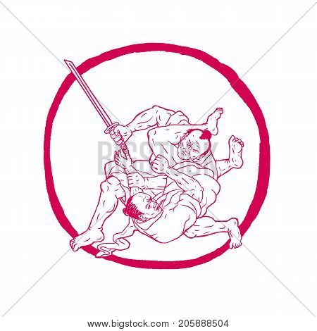 Drawing sketch style illustration of a Samurai warrior with katana sword Jui Jitsu Fighting or judo set inside Enso Circle on isolated background.