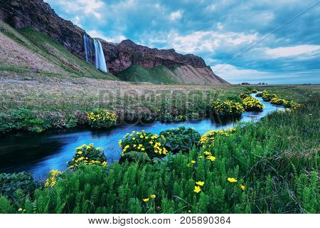Sunrise on Seljalandfoss waterfall