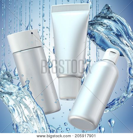 Cream bottle mock up in water splash on blue background. 3D illustration