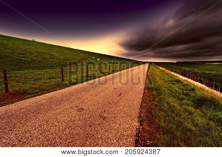 Agriculture on Land Reclaimed from the See in Netherlands. Asphalt road along protective dam and canal in Holland. Sheep grazing on protective dam at sunset.