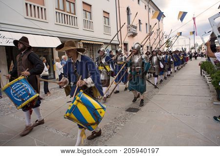 PALMANOVA ITALY - SEPTEMBER 03: Historical Groups dressed in ancient clothes during the historical Reenactment a.d. 1615 on September 03 2017