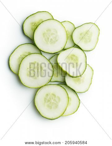 Fresh sliced cucumber isolated on white background. Top view of sliced cucumber.