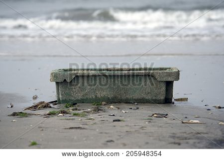 Plastic waste on a Danish beach. Roemoe island In Wadden Sea is a Danish national park under UNESCO World Heritage.