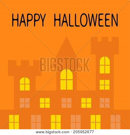 Happy Halloween. Haunted house shadow. Dark castle tower silhouette. Switch on yellow light at the windows triangle roof. Greeting card. Flat design. Orange background. Isolated. Vector illustration