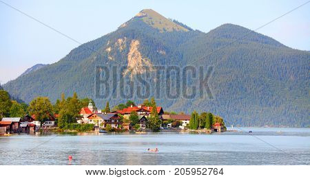Walchensee or Lake Walchen is one of the deepest and largest alpine lakes in Germany, with a maximum depth of 192.3 metres and an area of 16.4 square kilometres. European landmarks and nature.