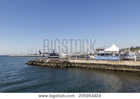 Geelong, Australia: April 03, 2017: Geelong Helicopters operates daily from the Geelong Waterfront on the Yarra Street Pier and also by appointment from Barwon Heads Airport.