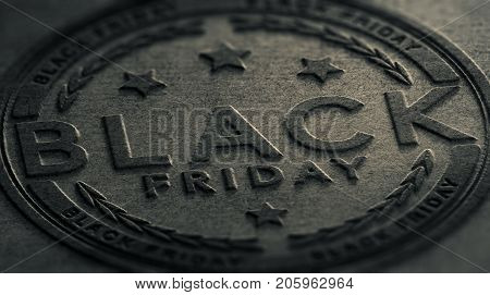 Text Black Friday embossed on a dark grey paper texture. Sales concept. 3D illustration.