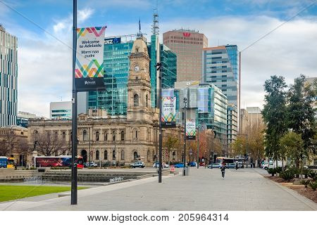 Adelaide Australia - June 28 2017: Victoria Square viewed from South to North with office buildings and traffic at morning time
