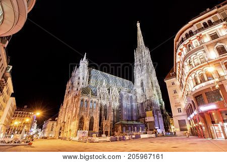 Low angle view of illuminated Saint Stephen's Cathedral during night at Vienna, Austria