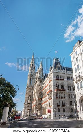 Low angle view of Rathaus city hall at Rathausplatz in Innere Stadt district at Vienna, Austria