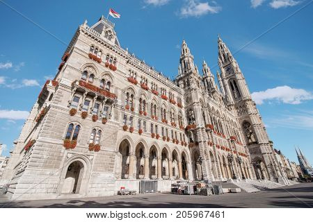 Low angle view of Rathaus city hall at Rathausplatz in Innere Stadt district at Vienna, Austria