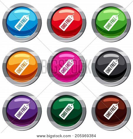 GMO free price tag set icon isolated on white. 9 icon collection vector illustration