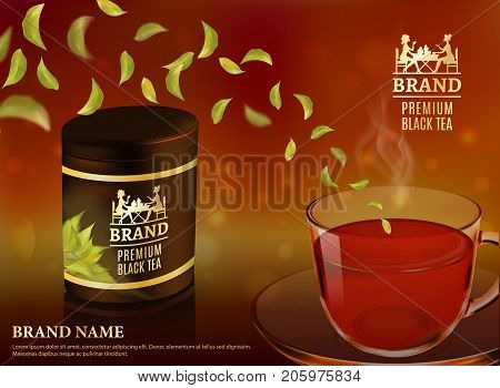 Tea advertising flyer, poster or banner template. Black tea ad, with tea leaves and package jar, 3d illustration. Quality realistic vector