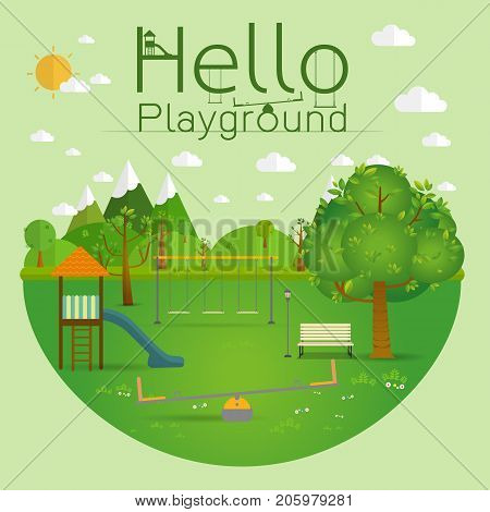 Hello playground. Natural landscape in the flat style.a beautiful park.Environmentally friendly natural landscape.Vector illustration