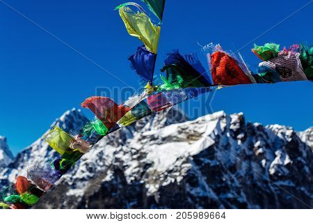 Colorful flags in the mountains of Nepal