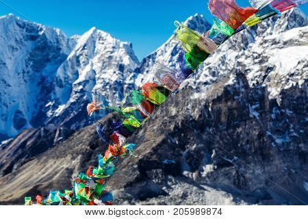 Colorful flags in the mountains of Nepal