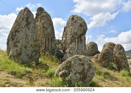 Rock formations in Macin Mountains. Dobroge, Romania