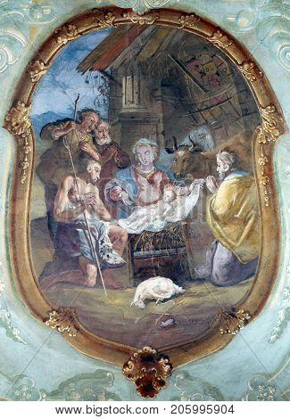BELEC, CROATIA - NOVEMBER 17: Nativity Scene, Adoration of the Shepherds, fresco on the ceiling of the Church of Our Lady of the Snow in Belec, Croatia on November 17, 2011.