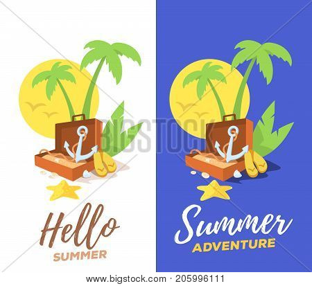 Vector Creative Illustration Of A Green Palm Tree, An Open Suitcase And An Anchor With Yellow Sun An