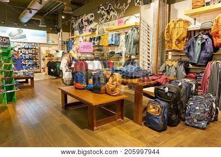 SAINT PETERSBURG, RUSSIA - CIRCA AUGUST, 2017: inside Quiksilver store at Galeria shopping center. Quiksilver, Inc. is an American retail sporting company.