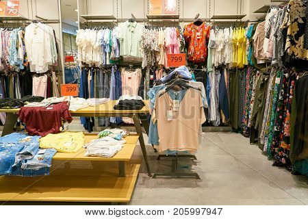 SAINT PETERSBURG, RUSSIA - CIRCA AUGUST, 2017: inside Koton store at Galeria shopping center. Galeria is major shopping and entertainment center is located in downtown of St. Petersburg