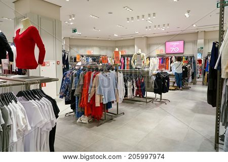 SAINT PETERSBURG, RUSSIA - CIRCA AUGUST, 2017: inside Koton store at Galeria shopping center. Galeria is major shopping and entertainment center is located in downtown of St. Petersburg