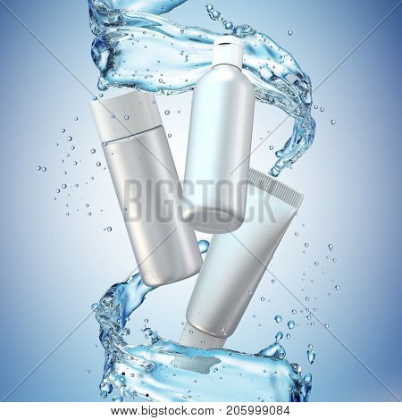 Cream bottle mock up in water splash on blue background. 3D illustration