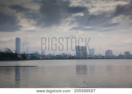 view over Truc Bach lake in the center of the capital of Vietnam Hanoi city