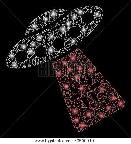 Bright Mesh Cow Abduction With Glare Effect. Abstract Illuminated Model Of Cow Abduction Icon. Shiny