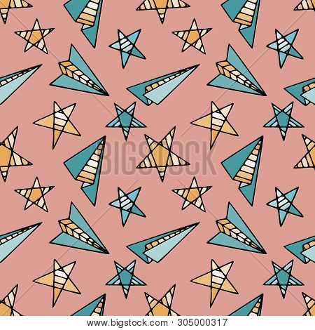 Papaer Planes And Stars Seamless Pattern. Fine For Stationery, Kids Fabric Print, Wrapping Paper