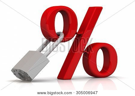 Fixed Interest Rate. Red Percentage Sign With A Padlock On White Surface. Isolated. 3d Illustration