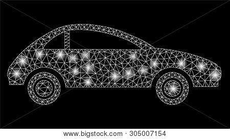 Bright Mesh Coupe Car With Lightspot Effect. Abstract Illuminated Model Of Coupe Car Icon. Shiny Wir