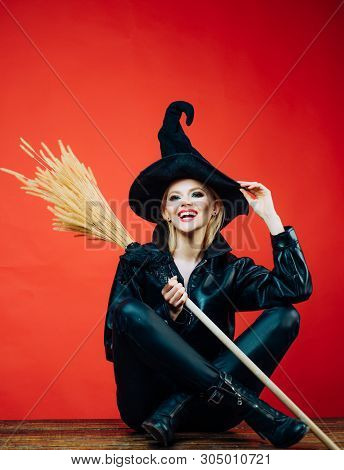 Witch Broom Or Broomstick. Appy Halloween. Happy Gothic Young Woman In Witch Halloween Costume. Hall